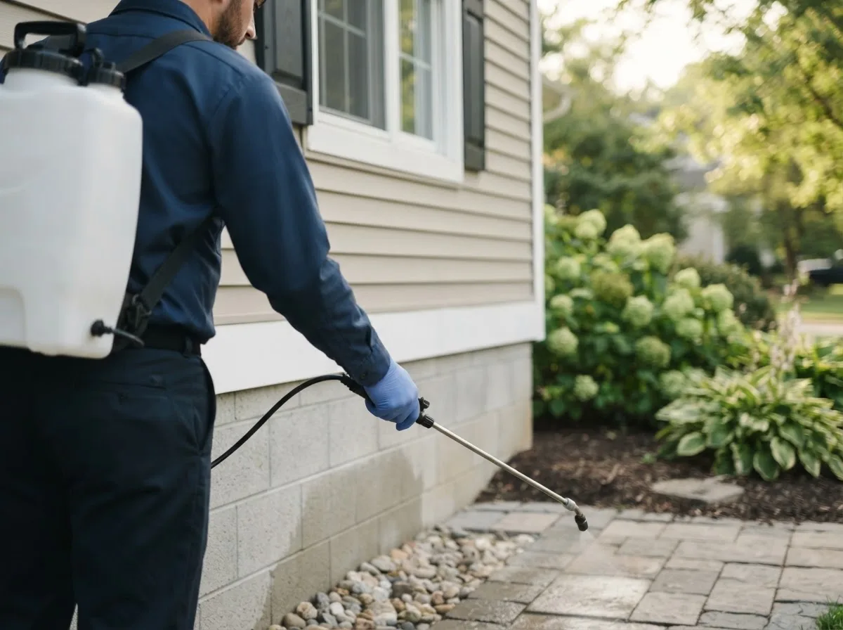Pest control technician inspecting a home in Centerville, MO